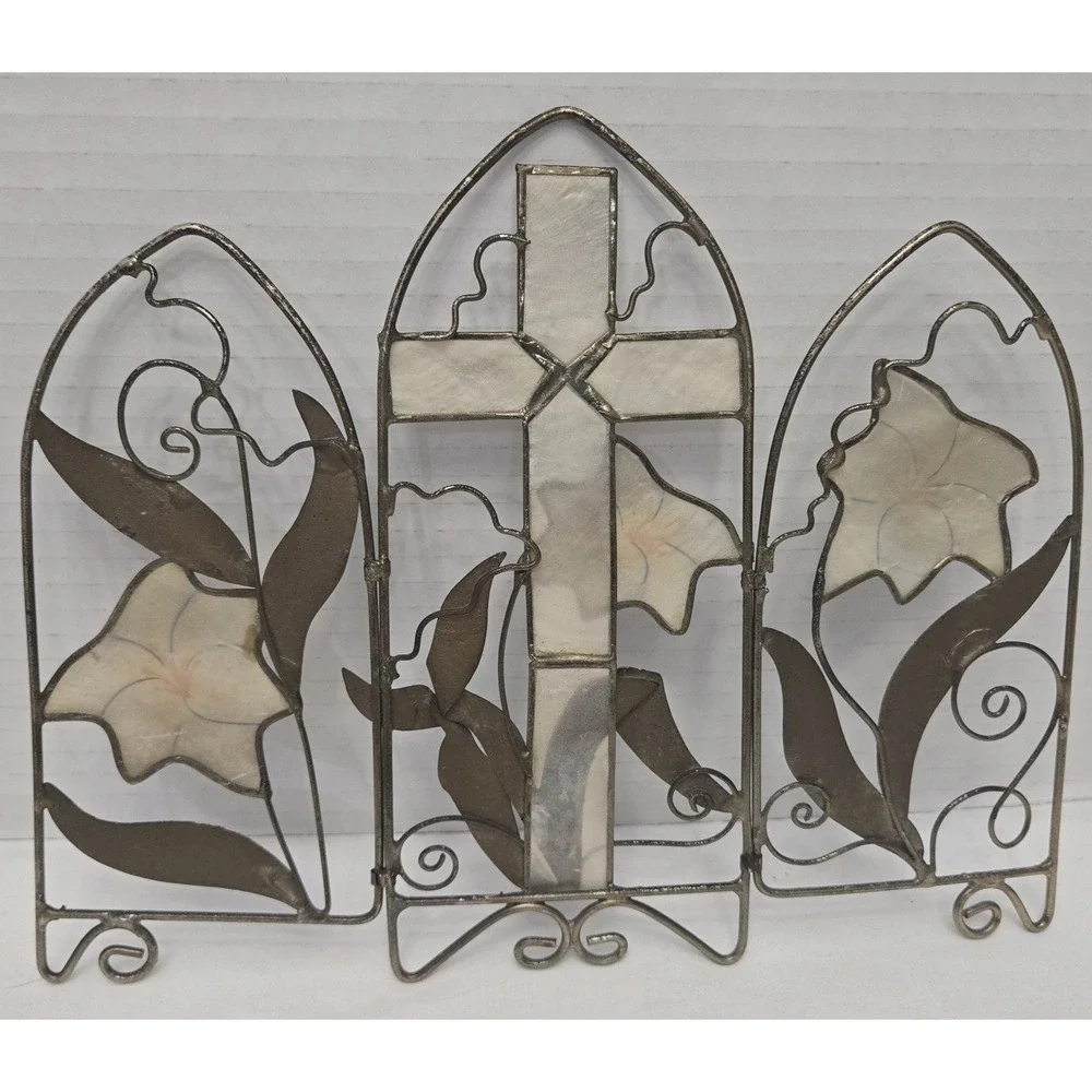 Vtg Capiz Shell Cross Calla Lily Triptych Panel 7.5